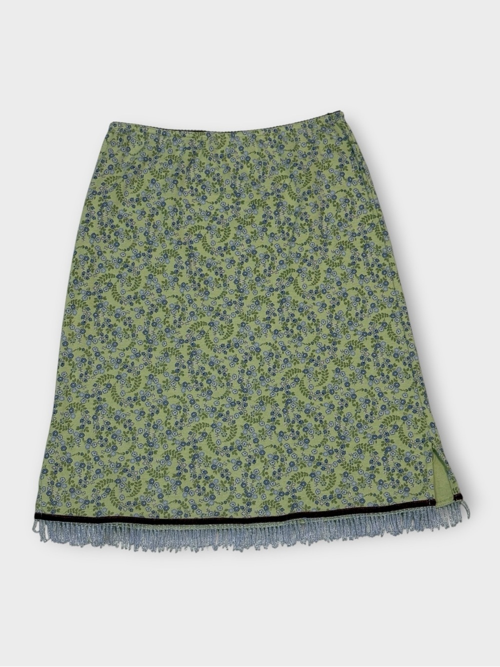 Zutopia Green and Blue Floral A-Line Skirt with Beaded Fringe
